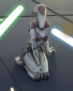 blue_lightsaber breasts female green_lightsaber kneeling lightsaber machine melee_weapon not_furry solo tan_body weapon telepurte star_wars b1_battle_droid battle_droid humanoid robot 2025 4:5 hi_res