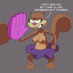 angry anthro bottomwear breasts brown_body brown_fur buckteeth clothed clothing dialogue female fur grey_background nipples simple_background skirt solo standing teeth text topless topless_anthro topless_female inker_comics nickelodeon spongebob_squarepants sandy_cheeks mammal rodent sciurid tree_squirrel 1:1 2023 absurd_res english_text hi_res