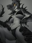 2021 anthro bethesda_softworks big_breasts bikini bodily_fluids breasts claws clothing deathclaw exposure_variation fallout female fingernails hi_res horn impracticalart looking_at_viewer microsoft monochrome nails saliva scalie sharp_fingernails sharp_nails sharp_teeth solo swimwear teeth thick_thighs