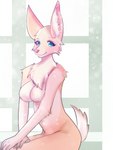 anthro blue_eyes breasts female fur hair simple_background smile solo tail tan_body tan_fur pallid-panda fem canid canine canis domestic_dog mammal digital_media_(artwork)