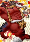 abs anthro big_bulge bottomwear bulge butt claws clothing detailed_bulge facial_hair group humanoid_pointy_ears loincloth male muscular muscular_humanoid nipples pecs pointy_ears red_body spiked_club trio dorayakich lifewonders live_a_hero setsubun akashi_(live_a_hero) astar demon human humanoid mammal club_(disambiguation) hi_res