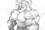 abs anthro biceps bottomwear bulge clothing erect_nipples grin horn looking_at_viewer male muscular muscular_anthro muscular_male nipples pants pecs smile solo steam vein chirros disney zootopia chief_bogo bovid bovine cape_buffalo mammal monochrome