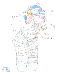 anthro blue_hair blush bread covered_face croissant embarrassed face_covered female food hair muffled_speech mummy_costume mummy_wrappings pastry simple_background solo standing thick_thighs wrapped_up scorci chelsi bovid caprine mammal sheep hi_res