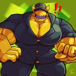 4_fingers anthro biceps big_biceps big_muscles big_pecs black_clothing clothing exclamation_point fingers gesture hand_gesture headgear headwear hidden_eyes huge_muscles huge_pecs looking_at_viewer male muscular muscular_anthro muscular_male open_mouth pecs pointing pointing_at_viewer solo yellow_body unusualboo54 a_hat_in_time the_conductor_(ahit) avian bird 1:1 2021 digital_drawing_(artwork) digital_media_(artwork) hi_res shaded