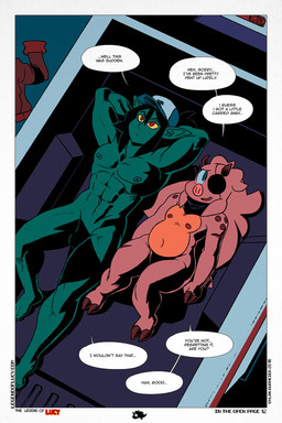 abs after_sex biceps breasts clothing convenient_censorship dialogue duo female green_body green_eyes green_skin hat headgear headwear lying male male/female navel nervous nipples nude on_back pink_body pink_skin red_eyes scarf slightly_chubby small_breasts smile text yellow_sclera ssorobo the_legend_of_lucy justin_(legend_of_lucy) lucy_(legend_of_lucy) domestic_pig humanoid mammal orc suid suine sus_(pig) 2018 2:3 censored comic digital_media_(artwork) english_text hi_res