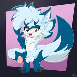 anthro balls belly black_claws blue_body blue_fur blue_genitals blue_hair claws crouching fur genitals gesture glans green_eyes hair hand_gesture male nude open_mouth penis pink_glans pointing pointing_at_self smile solo tail teeth white_belly white_body white_fur kirudi18 sega sonic_the_hedgehog_(series) fan_character light_the_fox canid canine canis fox mammal 1:1 absurd_res hi_res watermark