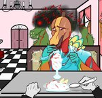 ambiguous_gender anthro banana beak black_smoke blue_body blue_clothing blue_dress blue_feathers blue_scales bodily_fluids booth_seating brown_body brown_skin chandelier checkered checkered_floor clothing countertop curtains cutlery date dessert dress eyeshadow faceless_character feathers first_person_view food fruit furniture glowing glowing_eyes green_body green_scales group honk ice_cream kitchen_utensils laugh looking_at_viewer looking_back looking_back_at_viewer makeup male male/male orange_body orange_scales plant red_body red_electricity red_feathers red_scales scales scar sharp_teeth shirt smoke spoon stool suit sweat tan_body tan_skin tank_top teeth tools topwear trio wall_(structure) window yellow_body yellow_feathers crimsontyd capcom monster_hunter bird_wyvern brute_wyvern crimson_qurupeco deviljho human mammal qurupeco savage_deviljho absurd_res hi_res