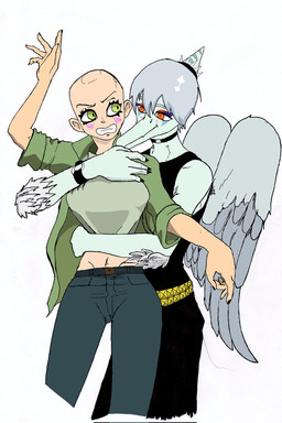 5_fingers accessory amber_eyes anthro arm_feathers bald belt blue_body blue_scales blush bone_frill breasts choker clenched_teeth clothing crossgender duo elbow_feathers eyelashes eyeshadow feathered_wings feathers female female_on_anthro fingers frill_(anatomy) ftm_crossgender green_eyes grey_body grey_feathers grey_hair hair hair_accessory hairband head_crest head_frill hug hugging_another hugging_from_behind human_on_anthro interspecies jacket jewelry light-skinned_female light_body light_skin makeup male male/female male_anthro male_on_human mtf_crossgender navel necklace scales shirt smile snout spiked_hairband standing studded_belt studs tank_top teeth thigh_gap topwear wings wristband shyny48941006 third-party_edit cavemanon_studios goodbye_volcano_high ko_op_(game_developer) snoot_game anon_(snoot_game) fang_(gvh) human mammal prehistoric_species pterosaur reptile scalie color_edit colored hi_res traditional_media_(artwork) nonbinary_(lore)