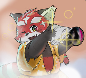anthro biped black_body black_nose blush camera clothing humanoid_hands kemono one_eye_closed red_body robe slightly_chubby solo white_body wink young young_anthro acdc lifewonders tokyo_afterschool_summoners zhurong_(tas) ailurid mammal red_panda 2021 absurd_res hi_res