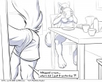 5:4 anthro canid canine clothed clothing comic dialogue duo eating english_text faf fafcomics female fox furniture greyscale hetty_(faf) jimmy_(faf) looking_at_butt male male/female mammal monochrome polygonal_speech_bubble sitting slightly_chubby speech_bubble table talking_to_self text
