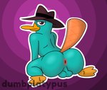 anthro backsack balls big_butt brown_eyes butt fur genitals huge_butt looking_at_viewer looking_back male rear_view solo tail teal_body teal_fur dumbplatypus disney phineas_and_ferb perry_the_platypus mammal monotreme platypus digital_drawing_(artwork) digital_media_(artwork) hi_res shaded