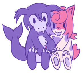 anthro chibi claws duo fangs female finger_claws fluffy fluffy_chest hair long_hair male medium_hair open_mouth open_smile pawpads short_hair simple_background sitting smile tail teeth toe_claws teochronico moonstone_(teochronico) taffy_(taffyclaws) aquatic cetacean chimera domestic_cat felid feline felis hybrid mammal manx reptile scalie snake 2025 digital_drawing_(artwork) digital_media_(artwork)