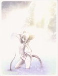 anthro breasts claws female fur green_eyes hair hair_over_eye looking_at_viewer nipples nude one_eye_obstructed pose slim small_breasts solo tail water white_body white_fur white_hair savannah_horrocks zoey_(miu) mammal mouse murid murine rat rodent absurd_res hi_res