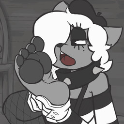 4_toes anthro auto_foot_lick beret biped black_beret black_collar black_nose black_pawpads bodily_fluids clothing collar detailed_background eye_through_hair eyelashes eyelashes_through_hair feet female fishnet_stockings foot_fetish foot_focus foot_lick fur gloves grey_body grey_fur hair handwear hat headgear headwear humanoid_feet leash licking long_hair mime narrowed_eyes open_mouth pattern_clothing pattern_topwear pawpads plantigrade red_tongue self_lick snout soles solo spiked_collar spikes standing striped_clothing striped_topwear stripes teeth toes tongue tongue_out topwear translucent translucent_hair white_clothing white_gloves white_hair white_handwear wood nexxiethejester domestic_cat felid feline felis mammal 1:1 animated