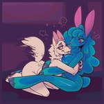 1:1 2024 animated anthro biped blep blue_body blue_nipples breasts canid canine canis claws digital_media_(artwork) dimwitdog duo embrace female female/female finger_claws fur goo_creature hana_(dimwitdog) hi_res hug kneeling lagomorph leporid lulu_(dimwitdog) mammal monotone_body monotone_fur nipples pawpads pink_eyes pink_inner_ear pink_nipples pink_nose rabbit short_playtime sitting tongue tongue_out white_body white_fur wolf
