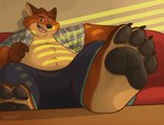 anthro belly black_nose bottomwear clothed clothing feet foot_fetish fur male open_clothing open_shirt open_topwear orange_body orange_fur overweight overweight_male pants shirt sitting solo topwear dj-rodney disney zootopia gideon_grey canid canine fox mammal red_fox true_fox 2016