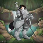 alcove anthro armor billhook chainmail clothed clothing female floppy_ears forest handwear headgear helmet holding_armor holding_headgear holding_helmet holding_object lop_ears nature nature_background outside overweight overweight_female plant rock solo standing surprise tail tree water waterfall weapon jezzlen beth_(mcdoogiy) bernese_mountain_dog canid canine canis domestic_dog mammal molosser mountain_dog swiss_mountain_dog full-length_portrait hi_res portrait