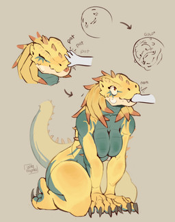all_fours anthro blep blush breasts claws disembodied_hand featureless_breasts female hand_in_mouth nom non-mammal_breasts nude patting smile spiked_tail spikes spikes_(anatomy) tail tongue tongue_out yolabayola1 capcom monster_hunter fanged_wyvern great_jagras absurd_res hi_res