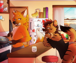 anthro appliance banana biped black_clothing black_nose black_shirt black_topwear boxers_(clothing) boxers_only bulge butter clothed clothing cookware dairy_products detailed_background duo egg_(food) female food fridge fridge_magnet fried_egg fruit frying_pan fur grey_clothing grey_panties grey_underwear inside kitchen kitchen_appliance kitchen_counter kitchen_utensils male markings orange_body orange_fur oven panties pantsless plant shirt snout striped_body striped_fur striped_markings stripes tail tools topless topwear underwear underwear_only window spider_bones resa_blakely uilleam canid canine fox hyena mammal striped_hyena 2025 6:5 digital_media_(artwork) shaded