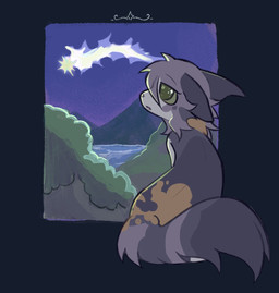 ambiguous_gender detailed_background falling_star feral fur green_eyes multicolored_body multicolored_fur night orange_body orange_fur purple_body purple_fur shooting_star sky solo littleperrito warriors_(book_series) fan_character domestic_cat felid feline felis mammal hi_res