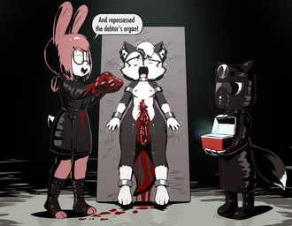 3_toes 4_fingers anthro blood blood_on_ground blood_on_hand blood_on_tail bodily_fluids boots breasts buckteeth clothing cruelty crying dark dark_humor dipstick_tail ear_piercing eyewear fatal_wound feet female fingers footwear glasses gore group guts gutted icebox intestines killing leather liver_(organ) markings nipple_piercing nipples nude nude_female organs pain parody pear-shaped_figure piercing red_eyes restraints ryona scut_tail shaking shoes short_tail standing suffering surgical_operation tail tail_markings tears teeth thick_thighs toeless_footwear toes trembling trio wide_hips wince e254e repo!_the_genetic_opera ashley_(e254e) dr._emilia_(e254e) emil_(e254e) canid canine fox lagomorph leporid mammal mephitid rabbit skunk absurd_res hi_res