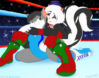 anthro arched_back black_hair boots breasts brown_eyes clothing crowd duo_focus female fighting_ring footwear fur gloves_(marking) green_eyes grin group hair knee_pads kneeling looking_back markings multicolored_body multicolored_fur one-piece_swimsuit shoes short_hair smile spread_legs spreading straddling swimwear tight_clothing two_tone_body two_tone_fur white_hair wrestling bodalack domestic_cat felid feline felis mammal mephitid skunk 2013