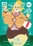 accessory animal_crossing anthro bell big_breasts black_eyes black_nose blonde_hair blush bottomwear bow_(feature) breasts brown_bottomwear brown_clothing brown_jacket brown_skirt brown_topwear button_(fastener) canid canine canis clothing curvy_figure digital_media_(artwork) domestic_dog english_text female female_symbol fur gender_symbol gesture gift green_background hair hair_accessory happy hi_res huge_breasts isabelle_(animal_crossing) jacket korean_text looking_at_viewer mammal monotone_bottomwear monotone_clothing monotone_skirt multicolored_body multicolored_fur nintendo number open_mouth open_smile opqhlak pawpads pencil_skirt pink_clothing pink_pawpads pink_shirt pink_topwear portrait red_bow shih_tzu shirt simple_background skirt slightly_chubby slightly_chubby_female smile solo stretched_clothing symbol teeth text thick_thighs three-quarter_portrait tongue topwear toy_dog translated two_tone_body two_tone_fur venus_figure voluptuous waving waving_at_viewer white_body white_fur wide_hips yellow_body yellow_fur