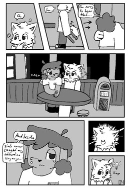 :d ahoge anthro bodily_fluids bottomwear chair clothing crying denim denim_bottomwear denim_clothing dialogue drunk duo electronics footwear fur furniture grey_body grey_fur hair jeans jukebox light_bulb male name_tag onomatopoeia pants sad shirt shoes shoulder_grab smile sound_effects substance_intoxication t-shirt table tank_top teardrop tears text topwear white_body white_fur kory_art normalsville ferris_(normalsville) rocky_(normalsville) bird_dog canid canine canis domestic_dog golden_retriever hunting_dog mammal poodle retriever comic english_text hi_res monochrome
