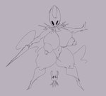 anthro areola big_breasts black_eyes breasts duo empty_eyes eyelashes featureless_feet feet female front_view genitals grey_background holding_object holding_weapon huge_breasts larger_female male navel nipples nude pussy simple_background size_difference smaller_male thick_thighs weapon wide_hips olozva hollow_knight team_cherry hornet_(hollow_knight) the_knight_(hollow_knight) arthropod insect