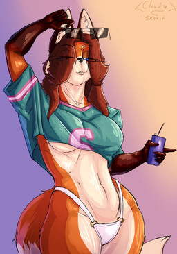 anthro beverage beverage_can bikini black_eyewear black_sunglasses blue_clothing blue_eyes brown_hair clothed clothing crop_top eyewear female fox_tail fur hair hand_on_sunglasses holding_object long_hair looking_at_viewer no_bra orange_body orange_fur panties pupils raised_arm raised_hand shirt solo sunglasses swimwear symbol-shaped_pupils tail tan_body tan_fur topwear two-piece_swimsuit underwear unusual_pupils white_bikini white_clothing white_panties white_swimwear white_underwear claudywewe grand_theft_auto rockstar_games fesya_(claudy) canid canine fox mammal absurd_res hi_res sketch