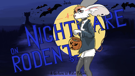anthro black_clothing black_shirt black_topwear clothing collar fur halloween_bucket heart_nose heart_symbol holidays legwear long_ears looking_at_viewer male shirt solo tail text thigh_highs topwear white_body white_fur ellathefoxy halloween jerb_(ellathefoxy) bat dipodid jerboa mammal rodent 16:9 english_text hi_res widescreen