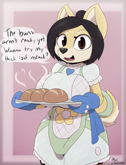 anthro big_breasts bread breasts brown_eyes clothed clothing female food fur hair heart_symbol looking_at_viewer open_mouth solo speech_bubble suggestive_dialogue tan_body tan_fur teeth text tongue miso_souperstar tofu_(miso_souperstar) canid canine canis domestic_dog mammal shiba_inu spitz 2020 absurd_res colored digital_media_(artwork) english_text hi_res signature