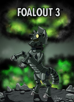 ambiguous_gender armor detailed_background feral feral_armor furgonomics machine power_armor quadruped rock smoke solo tail toony unknown_artist fallout friendship_is_magic hasbro microsoft my_little_pony equid equine horse mammal pony 2011 crossover
