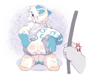 angry anthro backsack balls blue_body blue_eyes blue_fur blush bodily_fluids bottomwear broom butt casual_exposure cleaning_tool clothing cross-popping_vein crotch_cutout crotchless_clothing cutout disembodied_hand duo ears_back embarrassed footwear fur genitals ineffective_clothing kneeling looking_back male pivoted_ears punishment raised_tail shirt shorts simple_background socks solo_focus spank_marks spank_marks_on_ass spots tail tank_top tears topwear white_body white_fur young young_anthro young_male lang_yus felid mammal pantherine snow_leopard colored hi_res