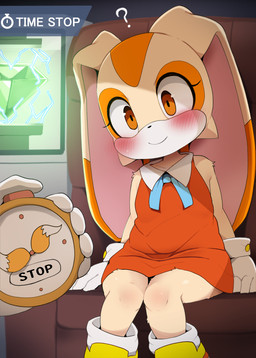 anthro blush clock clothing duo eyelashes female fur gloves handwear happy holding_object long_ears sitting smile solo_focus stopwatch text time_stop watch young young_anthro young_female dagasi sega sonic_the_hedgehog_(series) cream_the_rabbit miles_prower lagomorph leporid mammal rabbit 2023 digital_media_(artwork) english_text hi_res