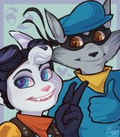 anthro assassyart blue_eyes clothing crossover duo fangs female gloves handwear hi_res insomniac_games lombax male mammal procyonid raccoon ratchet_and_clank rivet_(ratchet_and_clank) selfie sly_cooper sly_cooper_(series) smile smiling_at_viewer sony_corporation sony_interactive_entertainment stripes sucker_punch_productions teeth