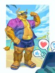 anthro arm_hair barazoku beach beard belly belly_hair blonde_hair blue_eyes body_hair bulge cellphone chest_hair clock clothed clothing dog_tags electronics emoji facial_hair fist flexing flexing_bicep footwear forearm_hair forearms gesture grin hair hairy hand_gesture hand_on_hip happy_trail hat headgear headwear heart_symbol horn horn_jewelry jewelry leg_hair male musclegut muscular navel open_clothing open_shirt open_topwear outside phone sandals shirt shoes sky skyscape slightly_chubby smartphone smile solo swimwear thumbs_up topwear visor_cap watch water wristwatch chonkyjohn bovid bovine cattle mammal 2025 3:4 absurd_res hi_res