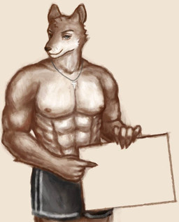 abs anthro blue_eyes brown_body brown_fur ears_up fur gesture hand_gesture holding_object jewelry looking_at_viewer male muscular muscular_anthro muscular_male necklace nipples pointing smile smiling_at_viewer solo white_body white_fur reynard_goodfellow canid canine canis mammal wolf
