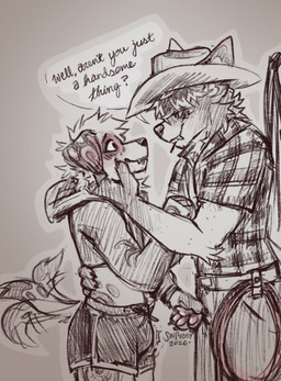 anthro clothing cowboy cowboy_hat duo femboy hat headgear headwear male male/male size_difference tail tail_motion tailwag text sinpubby soul_(sinpubby) bat canid canine canis dalmatian domestic_dog mammal 2026 english_text hi_res