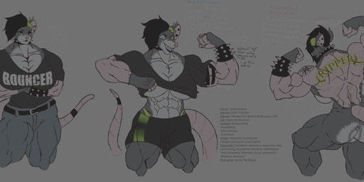 abs alternative_fashion anthro arm_tattoo back_tattoo biceps big_breasts big_muscles black_hair breasts butt butt_tattoo female flexing flexing_bicep fur grey_body grey_fur hair huge_muscles muscular muscular_female piercing punk scar shaved solo spikes tattoo text helluva.w.wolf jackie_rippen mammal mouse murid murine rodent absurd_res hi_res model_sheet
