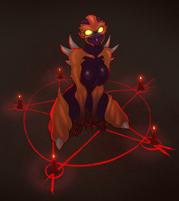 breasts candle empty_eyes eyelashes featureless_breasts female kneeling looking_at_viewer magic magic_circle occult_symbol orange_body pentagram purple_body smile solo spikes spikes_(anatomy) summoning summoning_circle symbol thick_thighs tongue tongue_out wide_hips yellow_eyes spacemaxmarine doom_(series) id_software microsoft demon demon_humanoid humanoid imp_(doom) hi_res