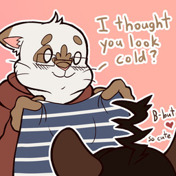 ahoge anthro blush blush_lines brown_body brown_clothing brown_fur brown_hair brown_hoodie brown_topwear clothed clothing dialogue duo empty_eyes eyewear female fur glasses hair heart_symbol holding_object hoodie male pink_background rectangular_glasses simple_background smile text topwear whiskers white_body white_eyes white_fur radio_art107 gwen_geek gwen_martin toshio_nakamura domestic_cat felid feline felis house_mouse mammal mouse murid murine rodent 1:1 english_text