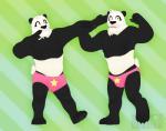 anthro barefoot biped black_nose bottomwear claws clothing feet flexing fur hat headgear headwear male muscular muscular_anthro muscular_male nails open_mouth pants pattern_background pawpads paws pecs shorts simple_background solo speedo striped_background swimwear teeth toe_claws tongue vrart1 tairu bear giant_panda mammal 2018 3d_(artwork) digital_media_(artwork) hi_res