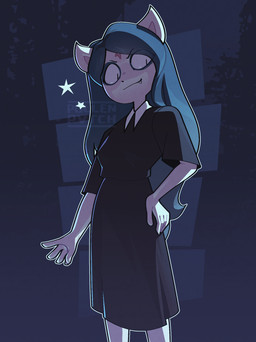 anthro black_clothing black_dress clothing dress fangs female hair hand_on_hip long_hair simple_background solo star teeth pollenpvtch cartoon_hangover the_summoning claire_(the_summoning) domestic_cat felid feline felis mammal hi_res tagme
