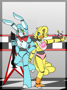 anthro beak bib blonde_hair blue_body blue_eyes blue_fur blue_hair cheek_tuft chest_tuft claws clothing cupcake duo electric_guitar eyelashes facial_tuft feathers fingers food fur green_eyes guitar hair head_tuft machine musical_instrument one_eye_closed panties pink_cheeks plucked_string_instrument red_cheeks string_instrument tail tail_feathers toe_claws tuft underwear wink azulsaus five_nights_at_freddy's five_nights_at_freddy's_2 scottgames toy_bonnie_(fnaf) toy_chica_(fnaf) animatronic avian bird chicken galliform lagomorph leporid mammal phasianid rabbit robot absurd_res hi_res