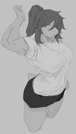 anthro biceps big_breasts bodily_fluids bottomwear breasts butt clothing collarbone female hair high-angle_view hotpants looking_away muscular muscular_female non-mammal_breasts ponytail shirt short_hair shorts simple_background solo stretching sweat tail thick_thighs tomboy topwear white_clothing white_shirt white_topwear wrinkles_in_clothes meckmeck00124 deltarune undertale undertale_(series) susie_(deltarune) dinosaur prehistoric_species reptile scalie hi_res monochrome