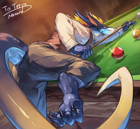 anthro athletic athletic_anthro athletic_male ball barefoot billards biped claws feet fur horn long_tail male male_anthro solo tail nasuno_posi mythology teryx_commodore dragon furred_dragon furred_scalie mythological_creature mythological_scalie scalie 2025 hi_res