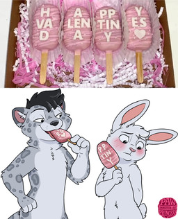 anthro dessert femboy food fur grey_body grey_fur holidays ice_cream male markings popsicle size_shaming spots spotted_body spotted_fur white_body white_fur pawprincess valentine's_day felid feline lagomorph leporid mammal pantherine rabbit snow_leopard absurd_res hi_res meme