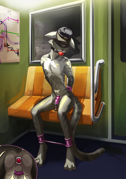 3_toes anal anal_penetration ankle_cuffs anthro anthro_penetrated ball_gag balls bdsm bench biped blindfold bodily_fluids bondage bound butt butt_shot butt_squish buttplug buttplug_in_ass buttplug_insertion chastity_cage chastity_device cheek_tuft chest_tuft clothing covered_eyes cuff_(restraint) cutaway cute_fangs detailed_background exhibitionism facial_tuft fangs featureless_chest feet fur gag gagged gem genital_fluids genitals grey_body grey_fur hands_behind_back hands_tied hat headgear headwear jewel_buttplug leaking_precum leg_spreader male male_anthro male_penetrated markings mostly_nude mostly_nude_anthro mostly_nude_male object_in_ass penetration perineum pink_chastity_cage plug_(sex_toy) plug_insertion precum precum_string public public_nudity public_transportation rapid_transit restraints sex_toy sex_toy_in_ass sex_toy_insertion sitting solid_chastity_cage solo spreader_bar squish striped_body striped_fur striped_markings striped_tail stripes subway subway_map tail tail_markings teeth toes tuft wearing_chastity_cage wearing_chastity_device window wrist_cuffs stockingfan tumulus domestic_cat felid feline felis mammal 2022 hi_res