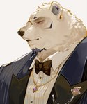 anthro beard bow_(feature) bow_in_front bow_tie clothing facial_hair fur jewelry male necklace side_profile side_view simple_background solo suit white_background white_body white_fur hinokumo_f lifewonders live_a_hero borealis_(live_a_hero) bear mammal polar_bear ursine 5:6